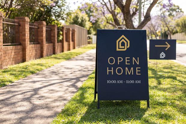 Open home A-frame sign on a footpath
