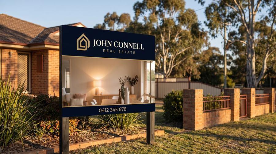Custom-designed real estate photo signboard for John Connell Real Estate on a Goulburn street at dusk