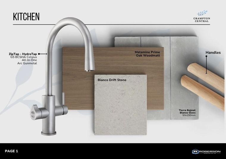 Kitchen finishes and fixtures selection board with product callouts