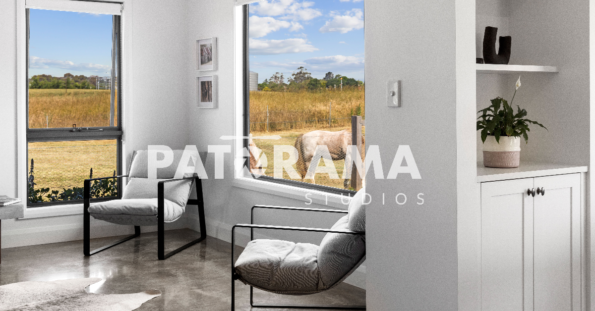 Image of lounge room with horse through window and watermark